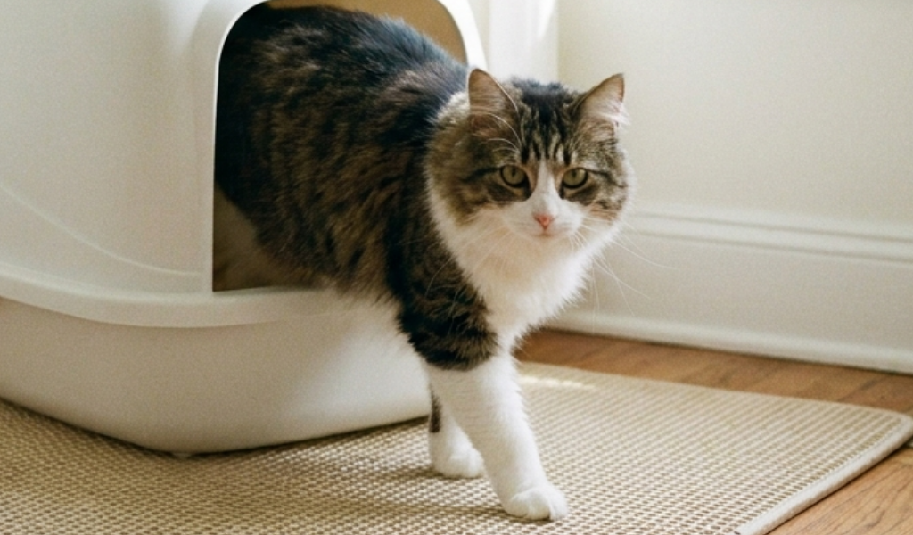 Kattenbakhygiëne: kat die uit ene kattenbak komt